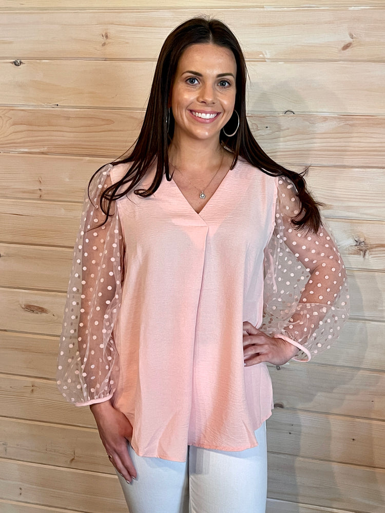 Polka Dot Mesh Sleeves Top- Blush
